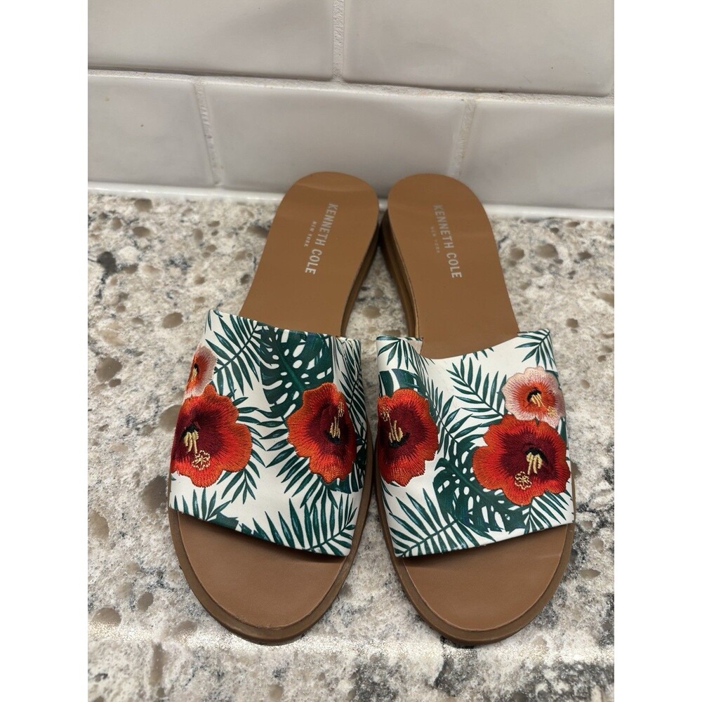 Kenneth Cole Women’s 8.5 Joanne Embroidered Slides Flats Red Palm Print Resort - Picture 8 of 8